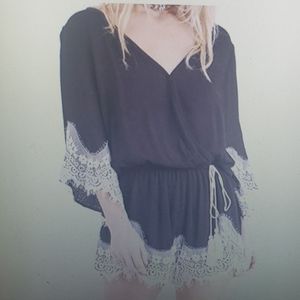 Umgee Black Romper Lace New V neckline tassel tie